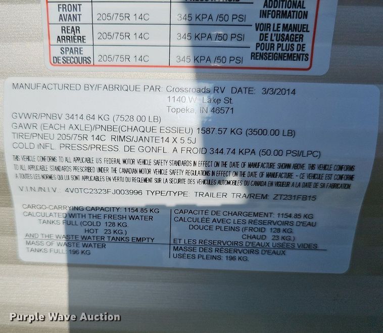 image for item DQ0127 2015 CrossRoads ZT231FB15  camper