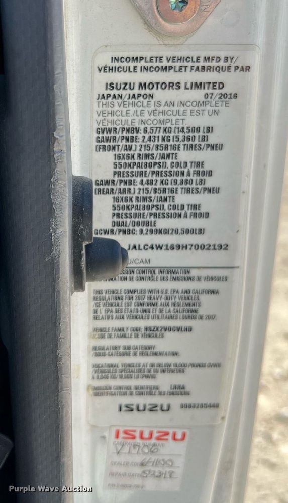 image for item DQ2173 2017 Isuzu NPR  box truck