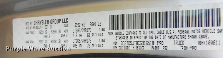 image for item GP9632 2012 Dodge Ram 2500  Crew Cab pickup truck