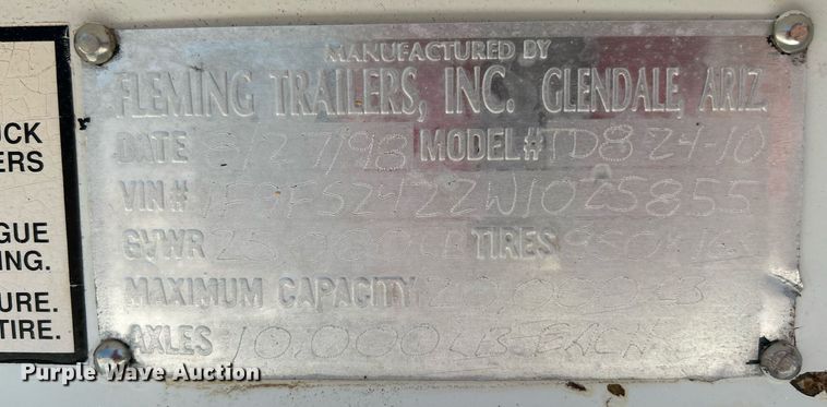 image for item KW9124 1998 Fleming Trailers Inc TD824-10  equipment trailer
