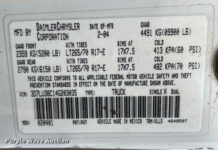 image for item LJ9788 2004 Dodge Ram 3500HD Laramie  Quad Cab pickup truck