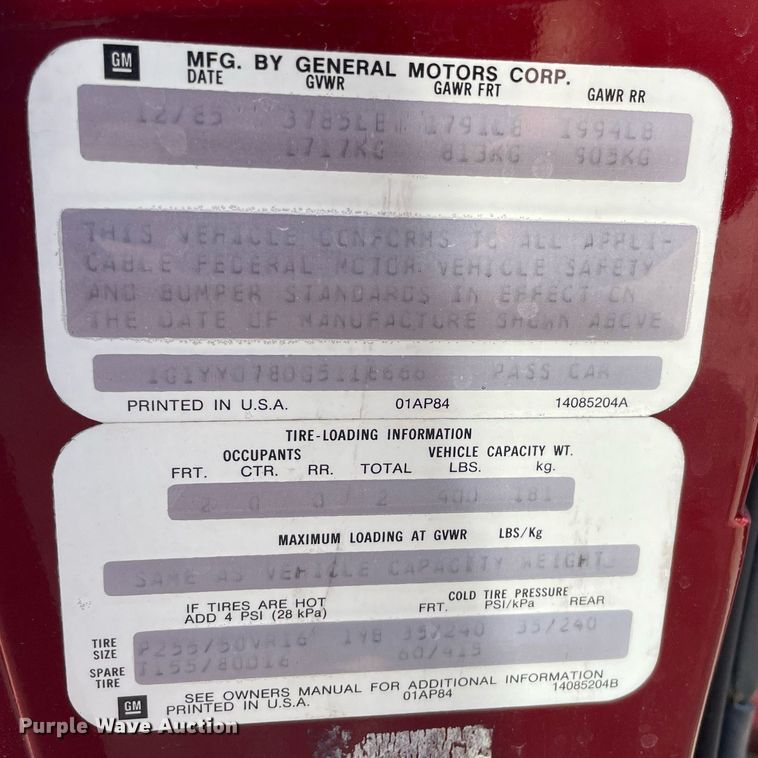 image for item LS9537 1986 Chevrolet Corvette