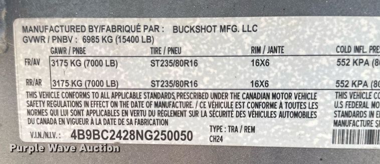 image for item NM9481 2022 Buckshot CH24  equipment trailer
