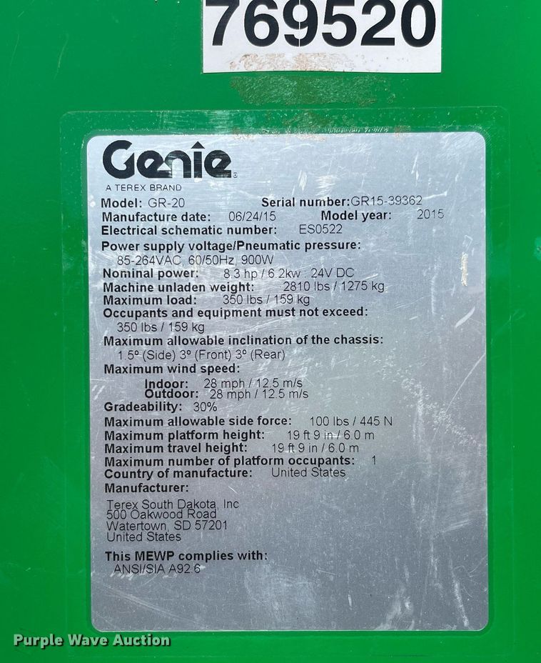 image for item NT9403 2015 Genie GR-20  vertical lift