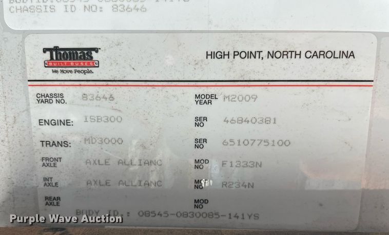 image for item NY9556 2009 Thomas Built Saf-T-Liner  bus