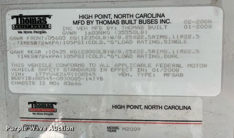 image for item NY9556 2009 Thomas Built Saf-T-Liner  bus