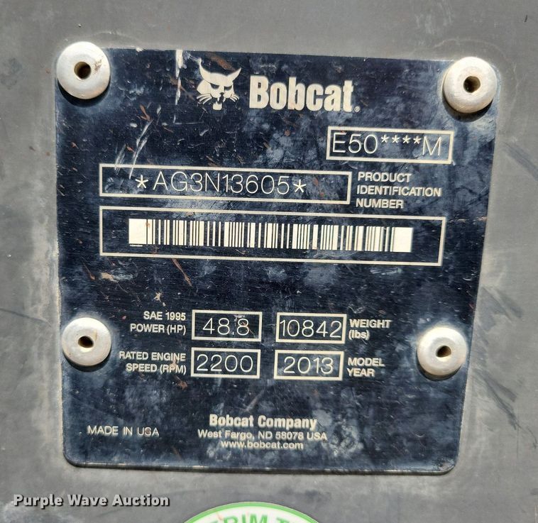 image for item DA7236 2013 Bobcat E50  mini excavator