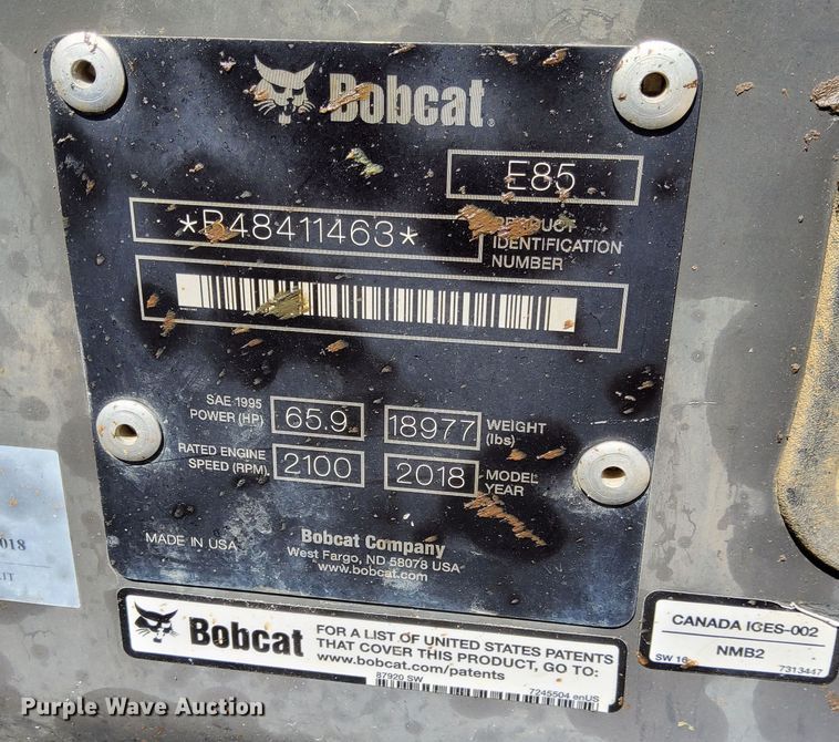 image for item DA7238 2018 Bobcat E85  mini excavator