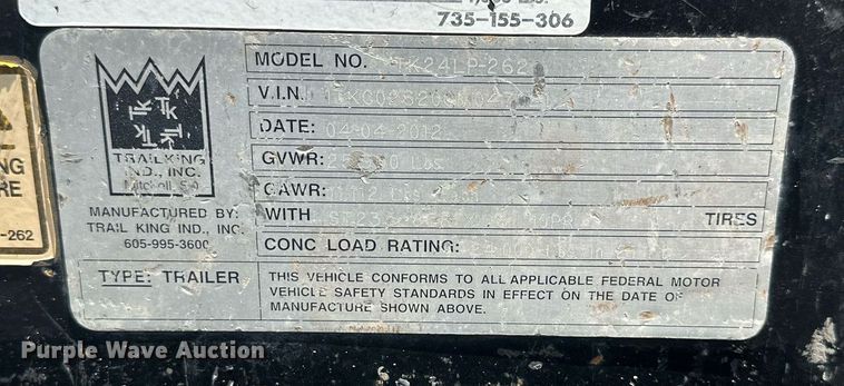 image for item DS6452 2012 Trail King TK24LP262  equipment trailer