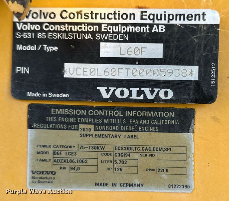 image for item KM9878 2010 Volvo L60F  wheel loader