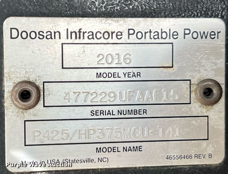 image for item LF9333 2016 Doosan P425/HP375  air compressor