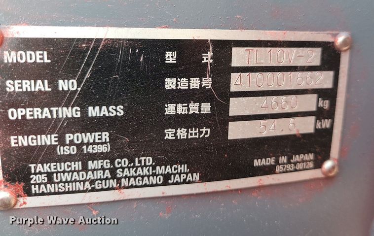 image for item MG9626 2018 Takeuchi TL10V-2  tracked skid steer loader