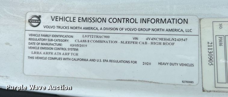 image for item DQ2140 2020 Volvo VNL860  semi truck