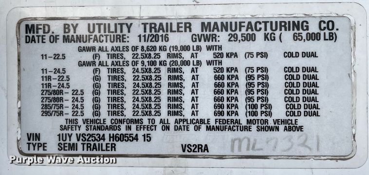 image for item LJ9775 2017 Utility VS2RA  refrigerated van trailer