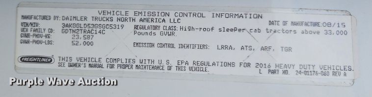 image for item LL9280 2016 Freightliner Cascadia  semi truck