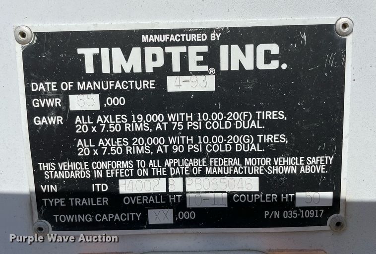 image for item NT9450 1993 Timpte  grain trailer