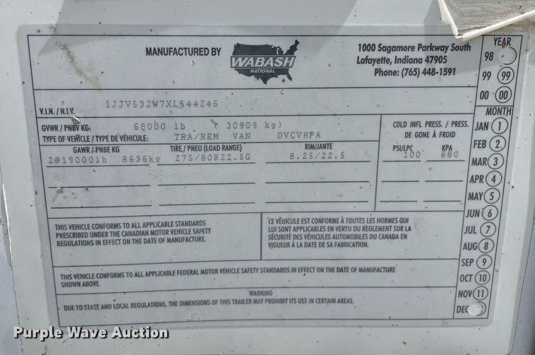 image for item NY9599 1999 Wabash  dry van trailer