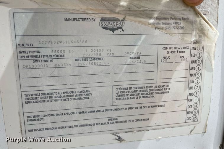 image for item NY9600 2000 Wabash  dry van trailer