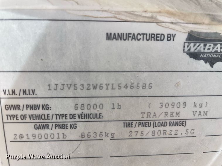 image for item NY9600 2000 Wabash  dry van trailer