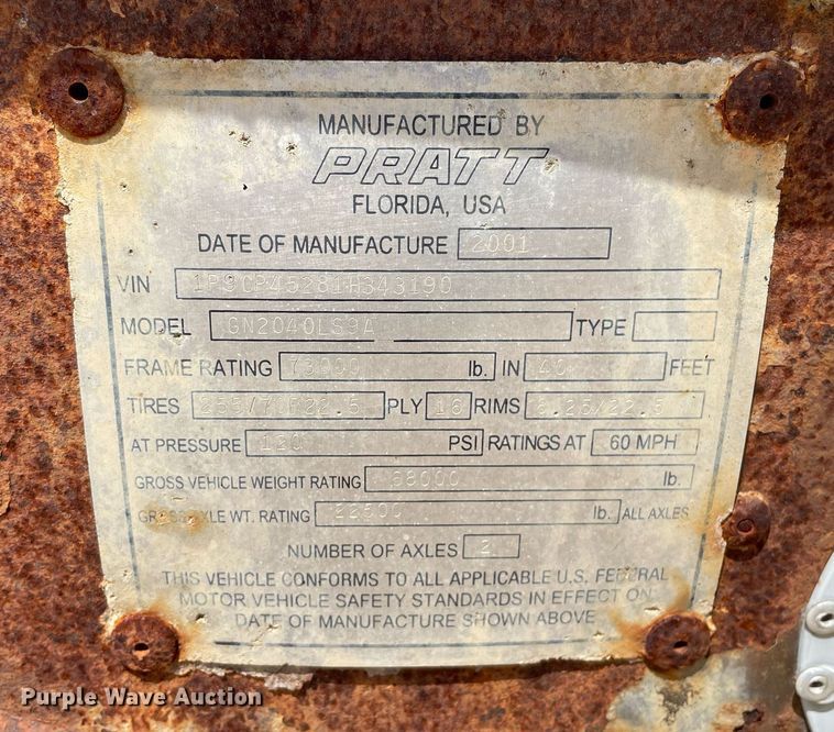 image for item NY9601 2001 Pratt GN2040LS9A  container trailer