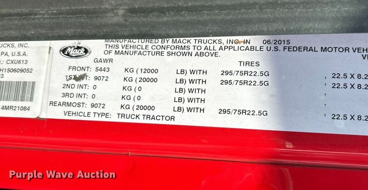 image for item OK9740 2016 Mack CXU613  semi truck