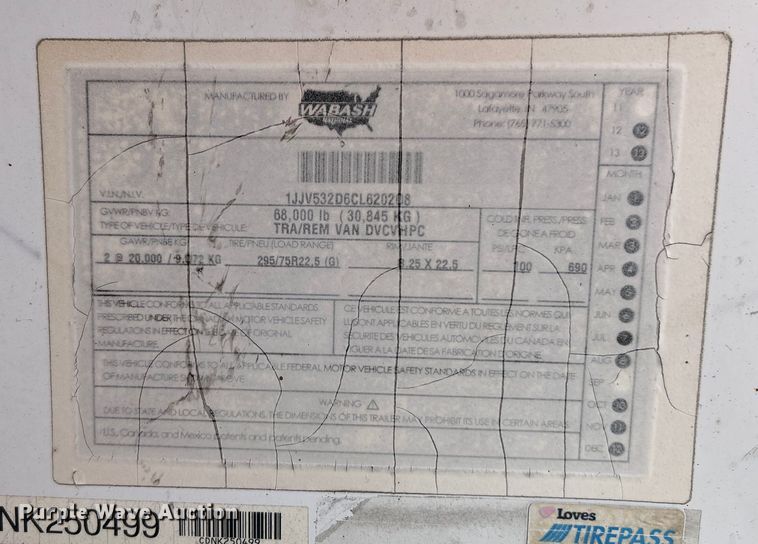 image for item OK9744 2012 Wabash National  dry van trailer