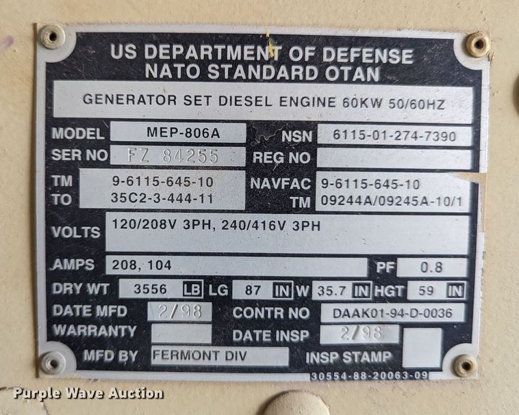 image for item LM9948 1998 Fermont MEP-806A  generator