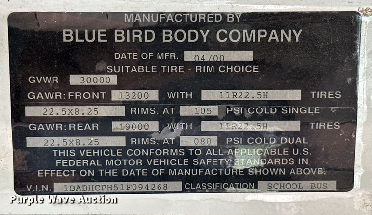 image for item ML9123 2001 Blue Bird All American  school bus