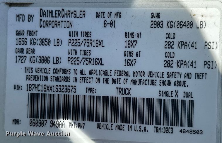 image for item ML9167 2001 Dodge Ram 1500  utility bed pickup truck