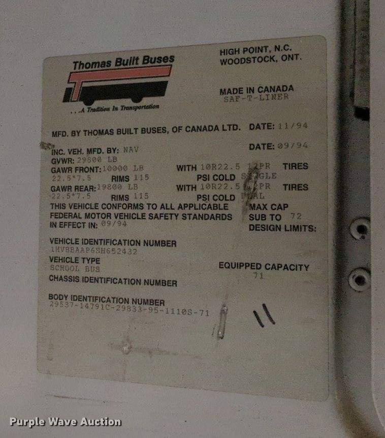 image for item MY9493 1995 Thomas Built 3800  school bus