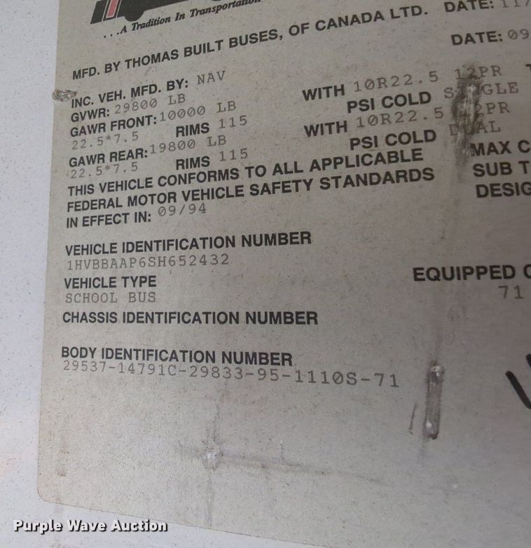 image for item MY9493 1995 Thomas Built 3800  school bus