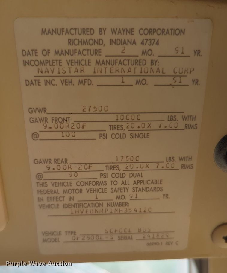 image for item MY9495 1991 International 3800  school bus