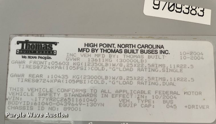 image for item NY9595 2005 Thomas Built Saf-T-Liner MVP  bus