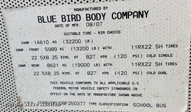 image for item NY9596 2008 Blue Bird All American FE  School bus