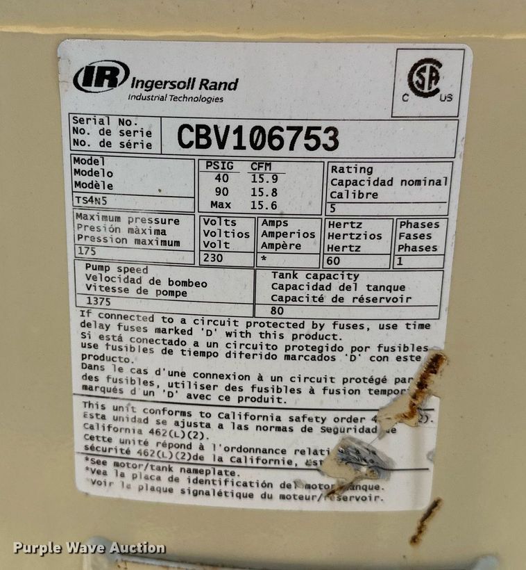 image for item OG9143 2011 Ingersoll Rand TS4N5  air compressor