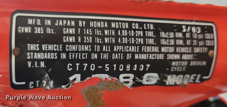 image for item IQ9835 1980 Honda Mini Trail 70  mini bike