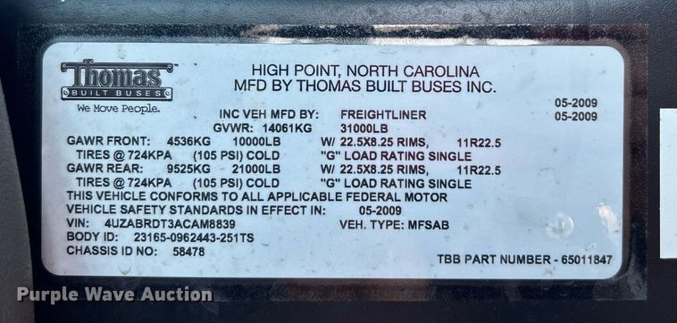 image for item KW9101 2010 Freightliner Thomas Built  school bus