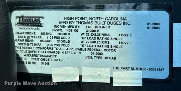 image for item KW9121 2010 Freightliner Thomas Built  school bus