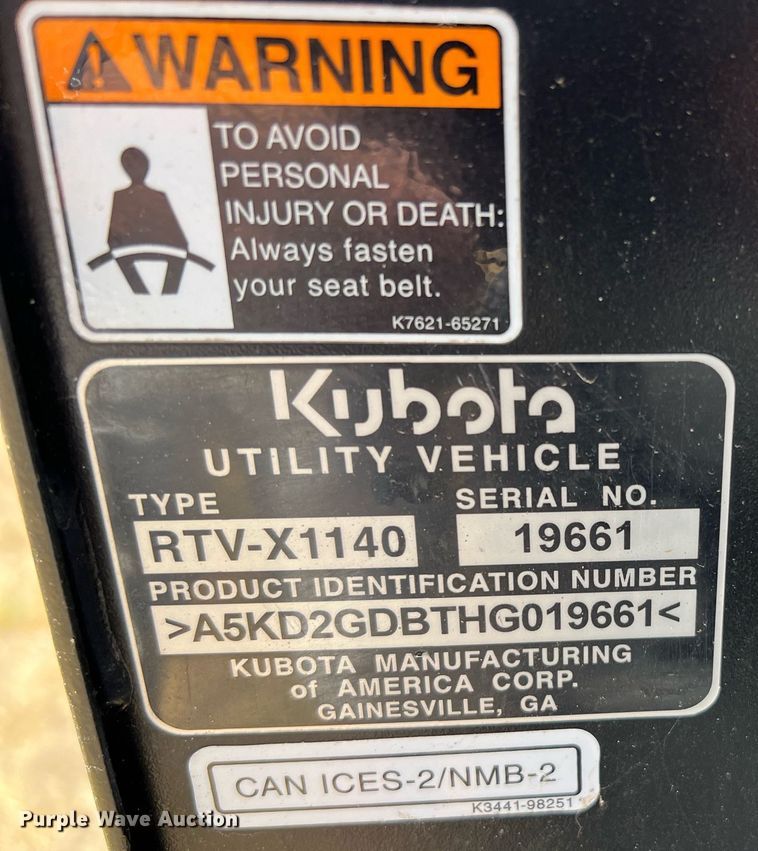 image for item LF9406 2017 Kubota RTV X1140  utility vehicle