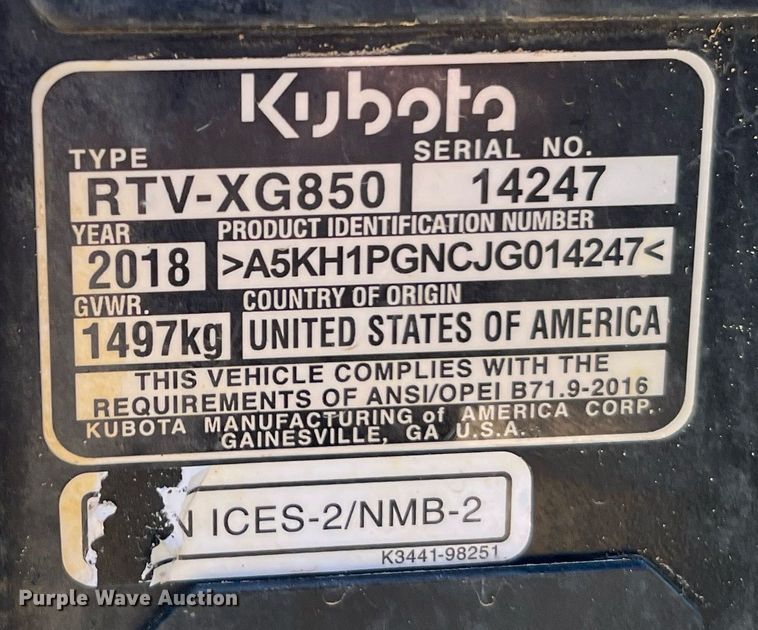 image for item LF9407 2018 Kubota RTV XG850  utility vehicle