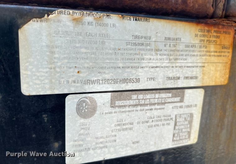 image for item NL9430 2015 Rice Trailers FMEH8220  utility trailer