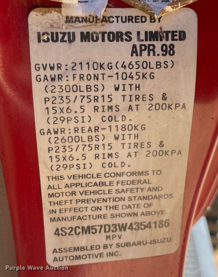 image for item NT9475 1998 Isuzu Amigo  SUV