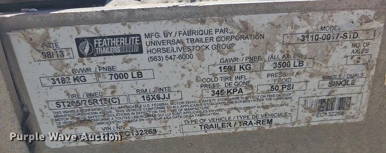 image for item NT9774 2014 Featherlite 3110-0017-STD  utility trailer