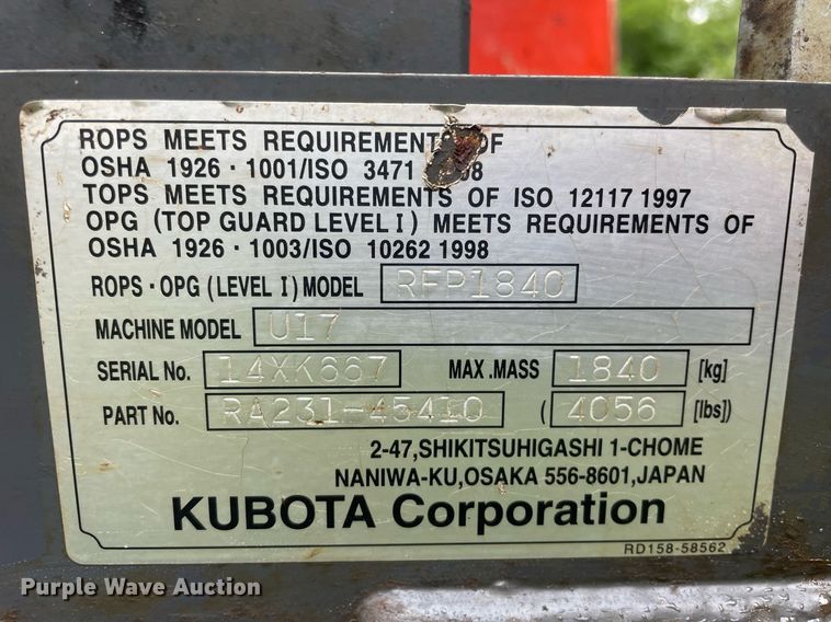 image for item DL3960 2015 Kubota U17  mini excavator