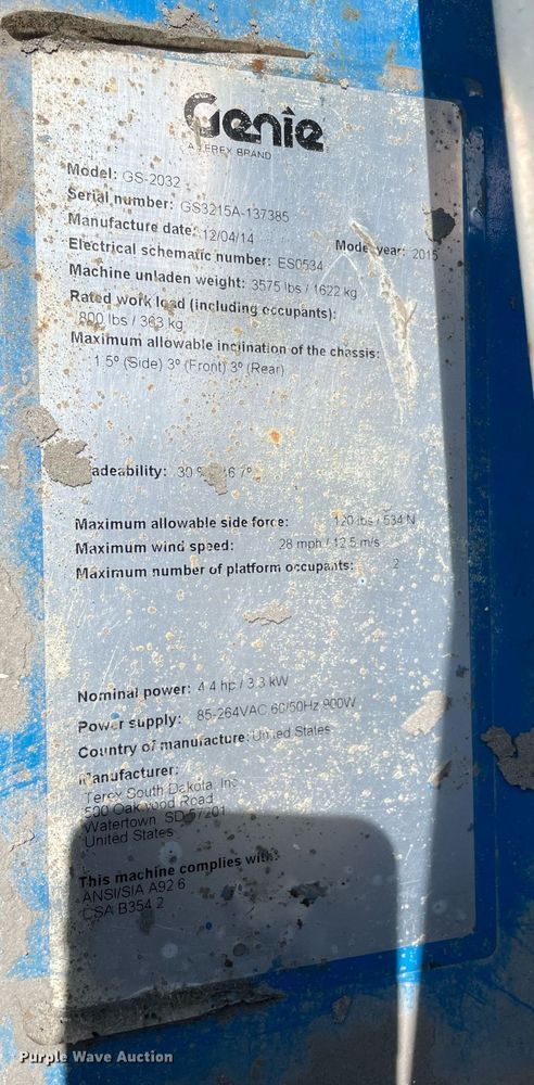 image for item DL3963 2015 Genie GS-2032  scissor lift