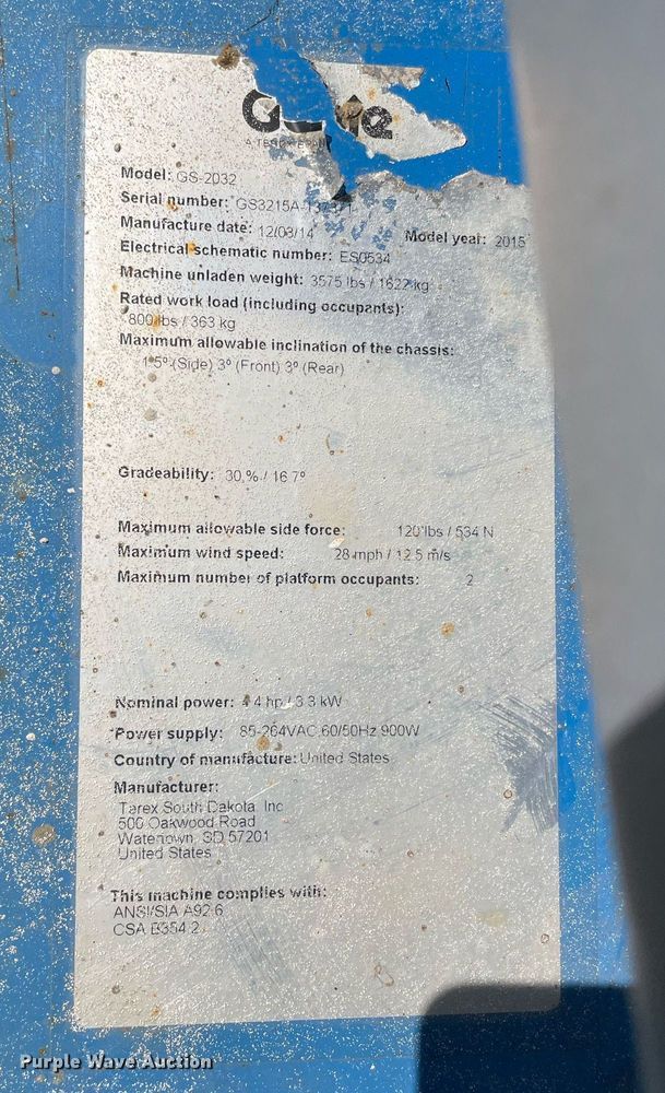 image for item DL3964 2015 Genie GS-2032  scissor lift