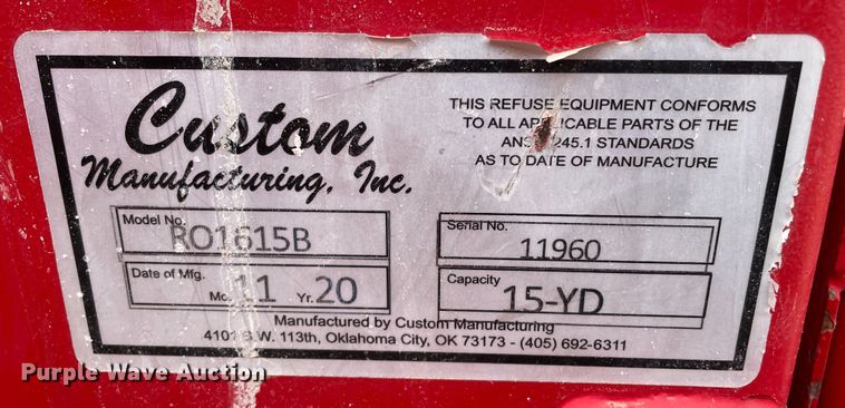 image for item DN4734 2020 Custom Manufacturing, Inc. RO1615B  roll-off container