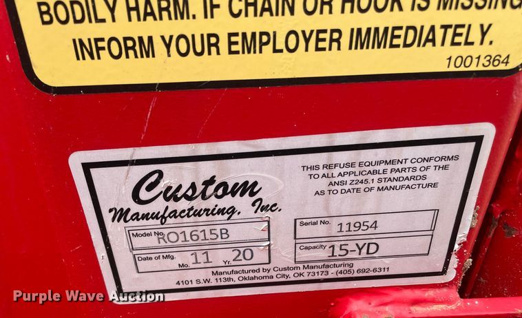 image for item DN4735 2020 Custom Manufacturing, Inc. RO1615B  roll-off container