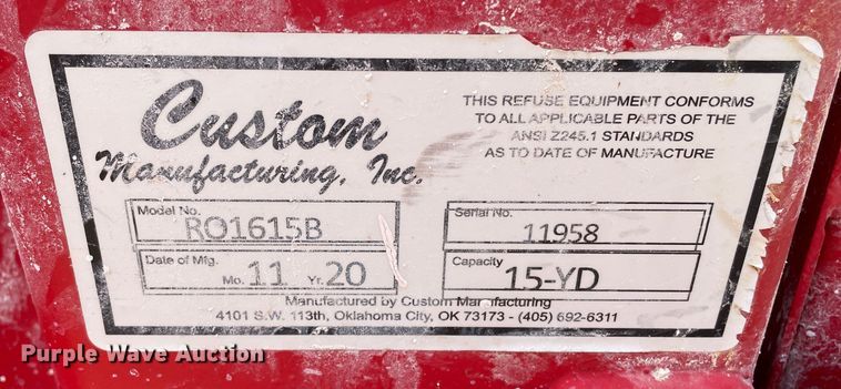 image for item DN4736 2020 Custom Manufacturing, Inc. RO1615B  roll-off container