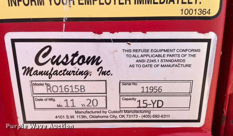 image for item DN4738 2020 Custom Manufacturing, Inc.  roll-off container